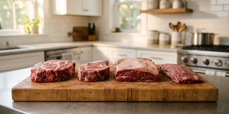 Different primal cuts of raw beef arranged on a wooden butcher block