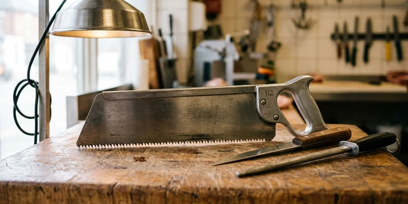 Stainless steel butcher bone saw on a wooden block beside a boning knife