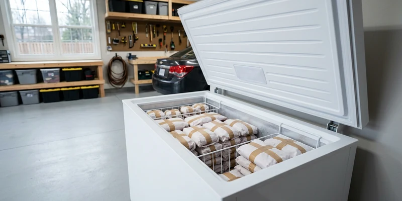 Open chest freezer in a garage filled with wrapped meat packages