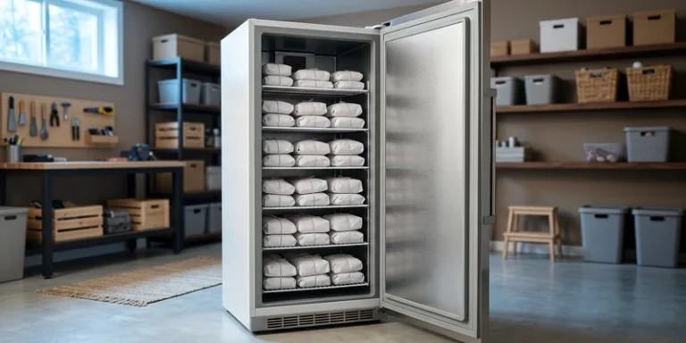 Upright deep freezer with shelves of wrapped meat packages