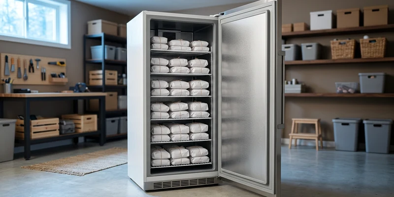 Upright deep freezer with shelves of wrapped meat packages