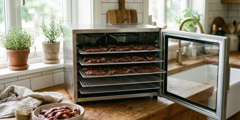 Food dehydrator with trays of marinated beef strips ready to dry