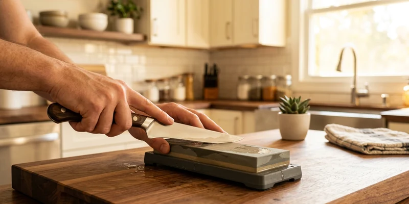 Sharpening a boning knife on a whetstone in a home kitchen
