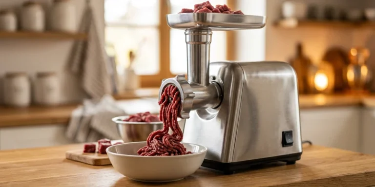 Stainless steel meat grinder producing fresh ground meat