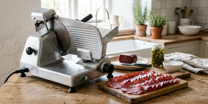 Electric meat slicer with thin slices of cured beef fanned out on the tray