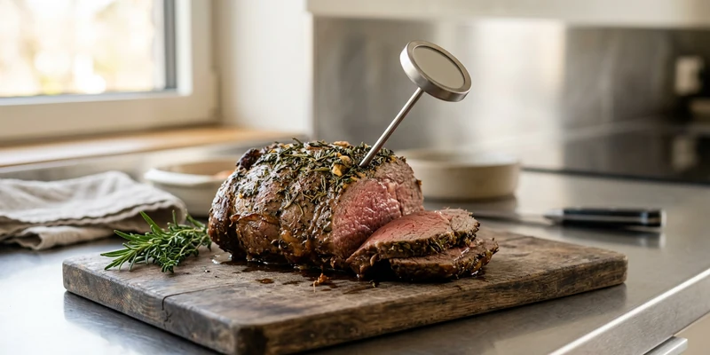 Meat thermometer inserted into a roast on a cutting board