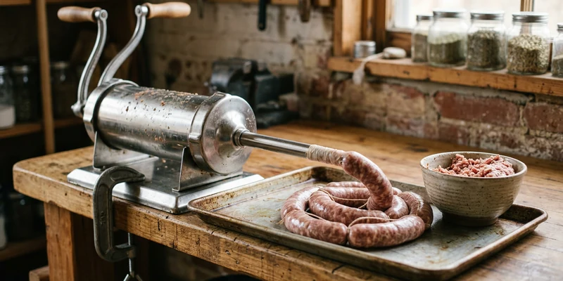 Vertical stainless steel sausage stuffer filling a casing on a work table