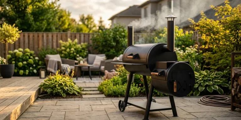 Backyard smoker with smoke rising from the chimney