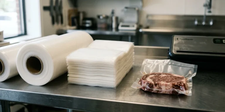 Rolls and pre-cut vacuum sealer bags beside a sealed pack of steak