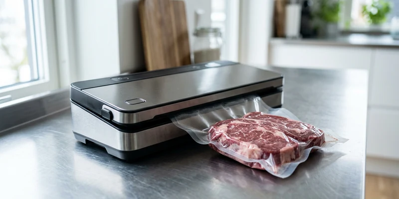 Vacuum sealer sealing a bag of raw meat on a kitchen counter