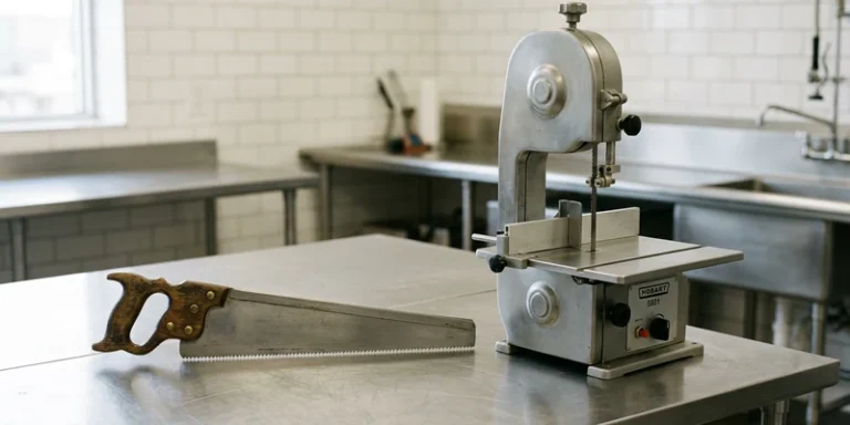 A hand bone saw and a butcher bandsaw shown side by side