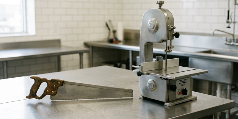 A hand bone saw and a butcher bandsaw shown side by side