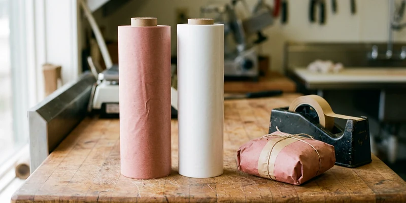 Pink butcher paper and white freezer paper rolls side by side on a butcher block