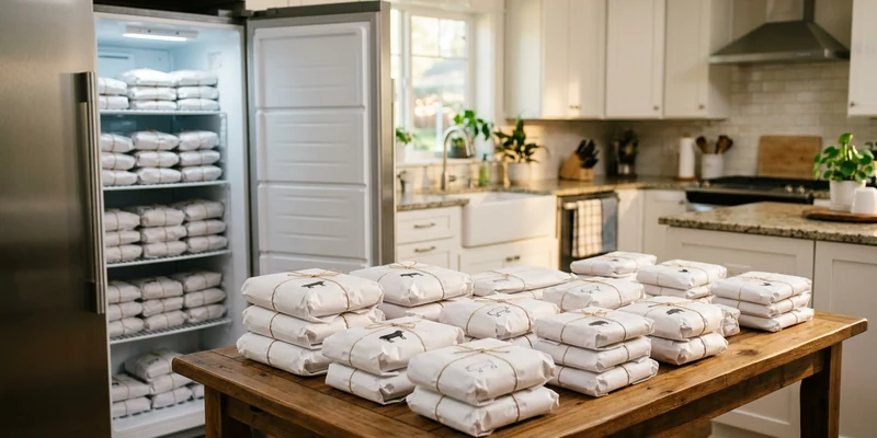 Stacks of wrapped beef packages on a kitchen table next to an open freezer