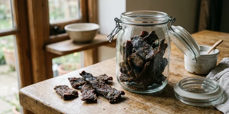 Homemade beef jerky in an open storage jar on a kitchen counter