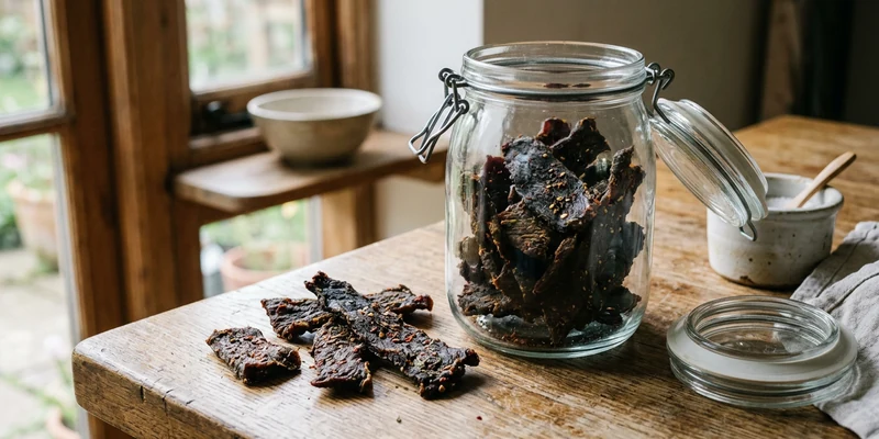 Homemade beef jerky in an open storage jar on a kitchen counter