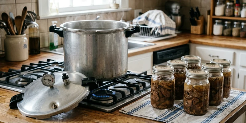 Pressure canner on a stove with jars of canned meat cooling beside it