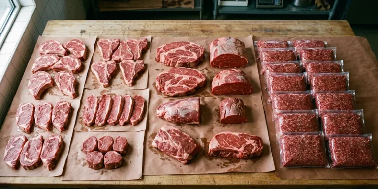 Cuts from a bulk beef order laid out on butcher paper and grouped by type
