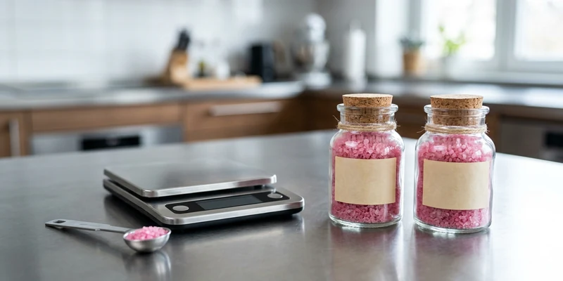 Jars of pink curing salt beside a digital kitchen scale