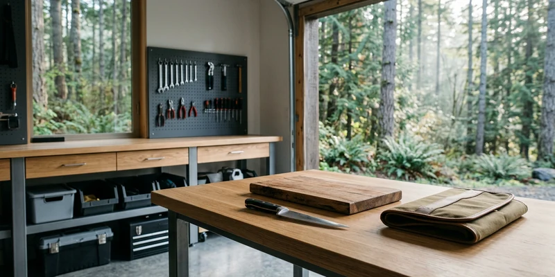 Clean workbench with a knife and cutting board in a garage near the woods