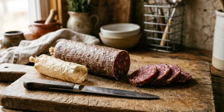 Sliced summer sausage on a wooden board beside its casing