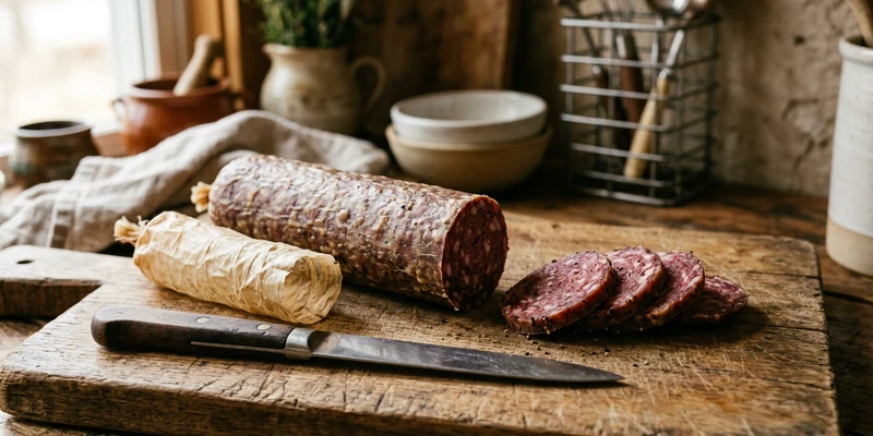 Sliced summer sausage on a wooden board beside its casing