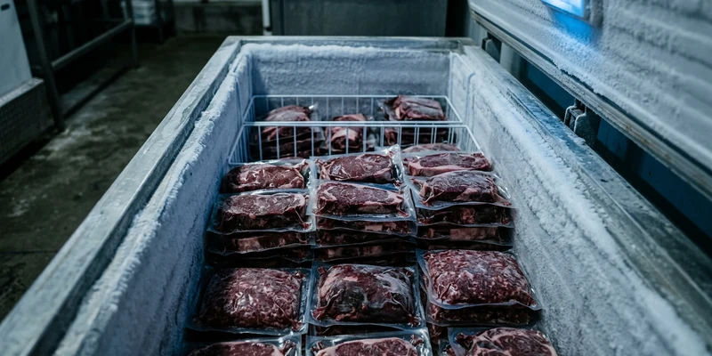 Vacuum sealed packs of meat stacked inside an open chest freezer