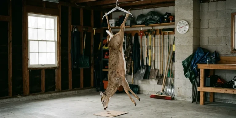 Deer carcass hanging from a gambrel in a cool garage with a wall thermometer