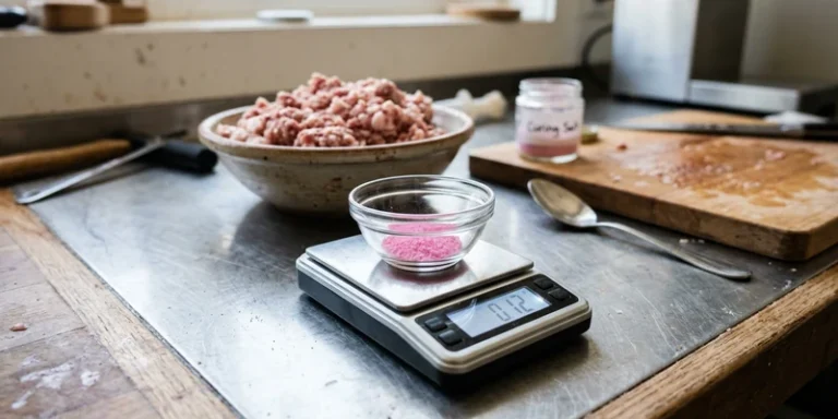 Digital scale weighing a small measured amount of pink curing salt