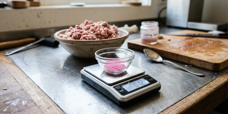 Digital scale weighing a small measured amount of pink curing salt