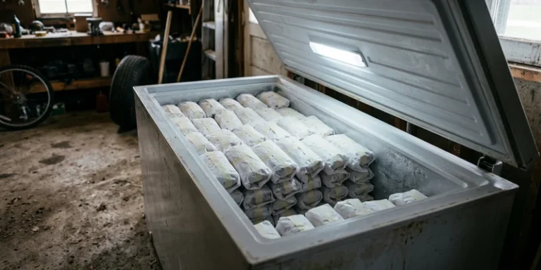 Chest freezer packed with wrapped parcels of beef from a bulk order