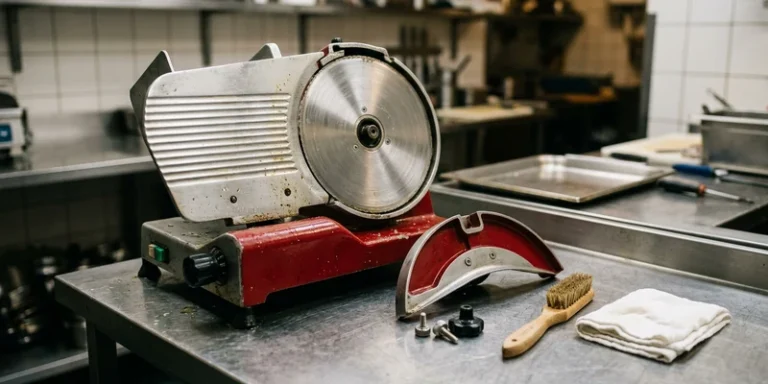 Meat slicer partly disassembled for cleaning with brush and cloth beside it