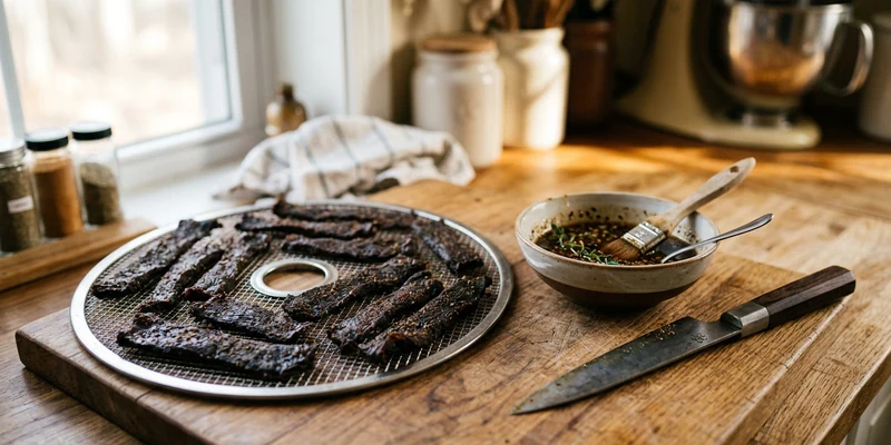 Finished beef jerky strips cooling on a dehydrator tray