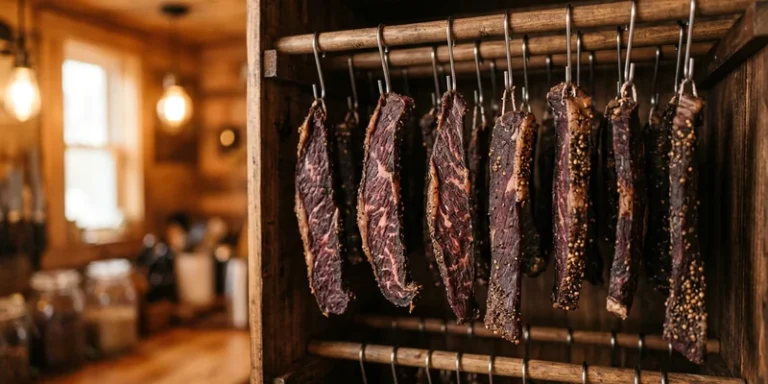 Strips of dried biltong hanging to cure