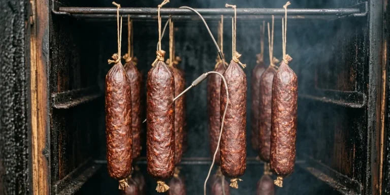 Summer sausage chubs hanging in a smoker with a probe thermometer inserted