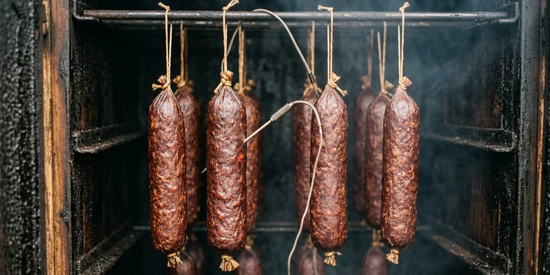 Summer sausage chubs hanging in a smoker with a probe thermometer inserted