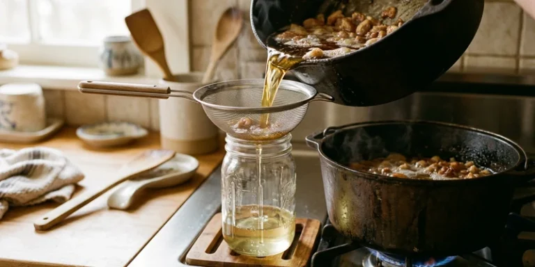 Rendered lard being strained through a sieve into a clean glass jar