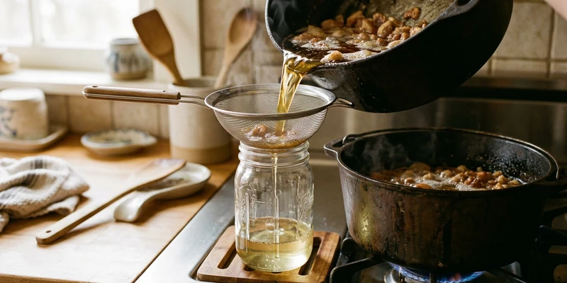 Rendered lard being strained through a sieve into a clean glass jar