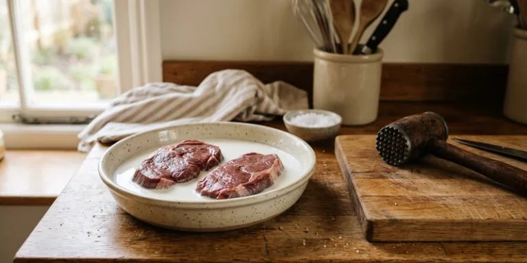 Venison steaks resting in a dish of milk beside a meat mallet