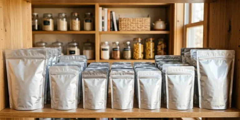 Stacked mylar storage bags on a pantry shelf