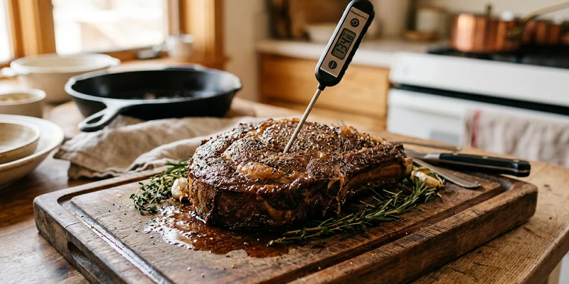 Instant read probe thermometer inserted into the thickest part of a roast