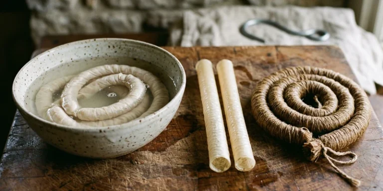 Natural, collagen and fibrous sausage casings side by side on a butcher block
