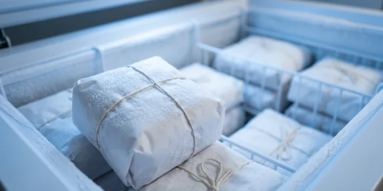 Frosted meat package inside an open chest freezer