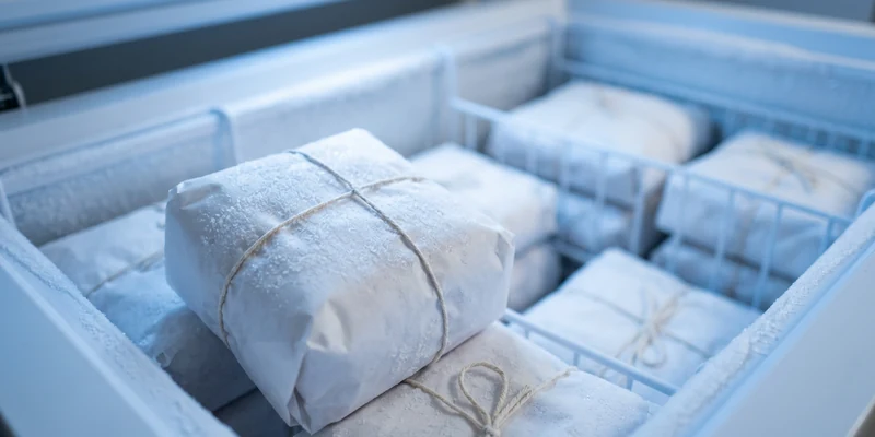 Frosted meat package inside an open chest freezer